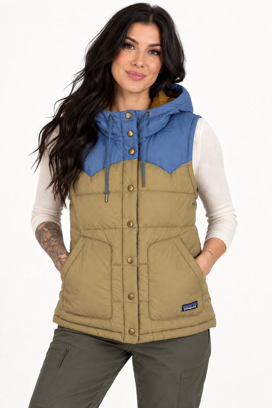 Patagonia Womens Bivy Hooded Down Vest Classic Tan Blue Size Medium NWT Puffer